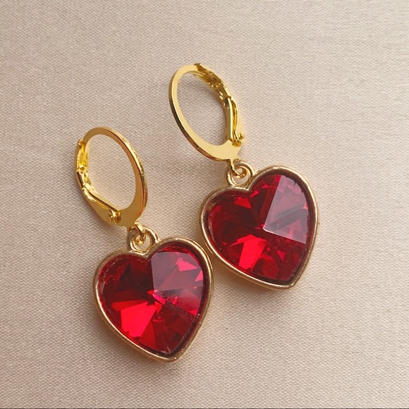 Ruby Red Rhinestone Heart Charms Earrings - Picture 3 of 3